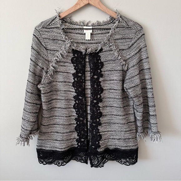 Chico’s Fringe Lace Wool Blend Cardigan Jacket Size 2 L Black & White Office - Picture 1 of 13